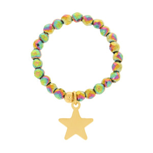 PIERŚCIONEK STAL ELASTYCZNY OPALIZUJĄCE KORALIKI ZAWIESZKA GWIAZDKA KOLOR ZŁOTY