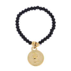 PIERŚCIONEK STAL ELASTYCZNY KORALIKI CZARNE ZŁOTA MONETA