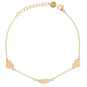 BRANSOLETKA STAL KOLOR ZŁOTY DELIKATNE ZAWIESZKI SERCE PIÓRKO