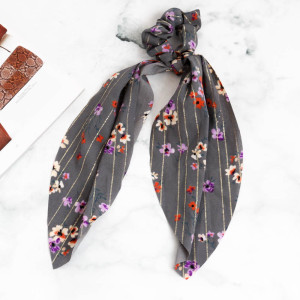 GUMKA SCRUNCHIE DO WŁOSÓW Z APASZKĄ KOLOR SZARY KWIATY
