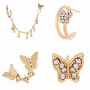 KOLCZYKI NAUSZNICA KOMPLET MOTYLKI KRYSZTAŁKI KOLOR ZŁOTY