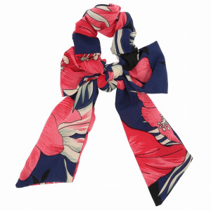 GUMKA DO WŁOSÓW SCRUNCHIE Z KOKARDKĄ KWIATY KOLOR GRANATOWY RÓŻOWY