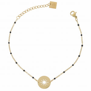 BRANSOLETKA STAL CHIRURGICZNA CZARNE KORALIKI BLASZKA KOLOR ZŁOTY