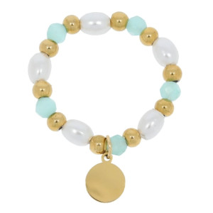 PIERŚCIONEK ELASTYCZNY ZE STALI CHIRURGICZNEJ PEREŁKI BŁĘKITNE KORALIKI ZAWIESZKA KOLOR ZŁOTY