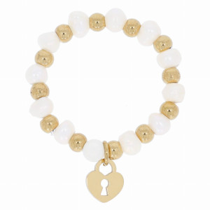 PIERŚCIONEK ELASTYCZNY ZE STALI CHIRURGICZNEJ PEREŁKI ZAWIESZKA ZŁOTE SERDUSZKO KŁÓDKA