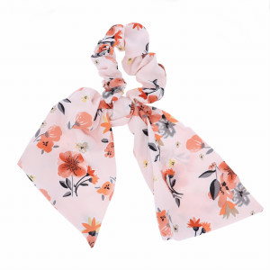 GUMKA DO WŁOSÓW SCRUNCHIE Z KOKARDKĄ KWIATY KOLOR JASNY RÓŻ
