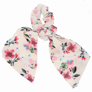 GUMKA DO WŁOSÓW SCRUNCHIE Z KOKARDKĄ KWIATY KOLOR KREMOWY