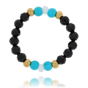 PIERŚCIONEK ELASTYCZNY STAL KAMIENIE KRYSZTAŁKI NIEBIESKO CZARNE