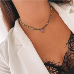 NASZYJNIK STAL CHIRURGICZNA KORALIKI SERDUSZKO KRYSZTAŁKI KOLOR RÓŻOWY