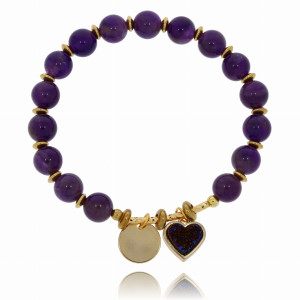 BRANSOLETKA MIEDŹ SERDUSZKO KAMIEŃ KOLOR FIOLETOWY
