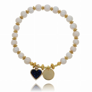 BRANSOLETKA MIEDŹ SERDUSZKO KAMIEŃ KOLOR PERŁOWY