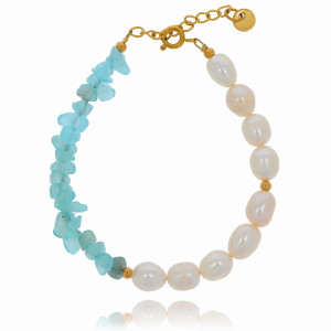 BRANSOLETKA STAL CHIRURGICZNA KOLOR ZŁOTY PEREŁKI BŁĘKITNE KAMIENIE