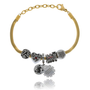 BRANSOLETKA STAL CHIRURGICZNA KOLOR ZŁOTY Z CHARMSAMI W KOLORZE SREBRNYM