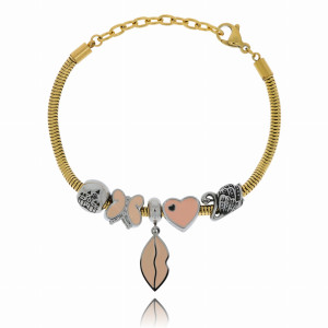 BRANSOLETKA STAL CHIRURGICZNA KOLOR ZŁOTY Z CHARMSAMI USTA