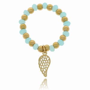 PIERŚCIONEK ELASTYCZNY KORALIKI BŁĘKITNE ZAWIESZKA SKRZYDŁO