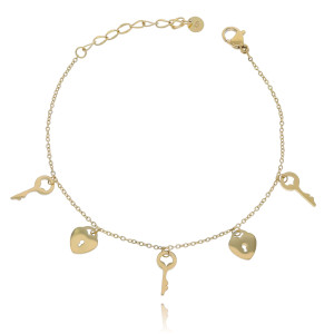 BRANSOLETKA STAL 316 L ŁAŃCUSZEK SERCE KLUCZYK KOLOR ZŁOTY