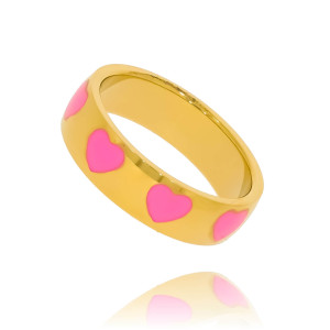 PIERŚCIONEK OBRĄCZKA ZE STALI SZLACHETNEJ RÓŻOWE SERDUSZKA EMALIOWANA