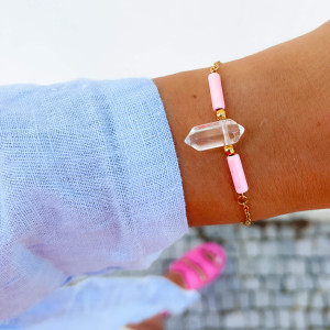 BRANSOLETKA ZE STALI CHIRURGICZNEJ KRYSZTAŁ GÓRSKI RODONIT RÓŻOWY