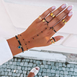 BRANSOLETKA Z PIERŚCIONKIEM NA PALEC STAL POZŁACANA CZARNE KORALIKI