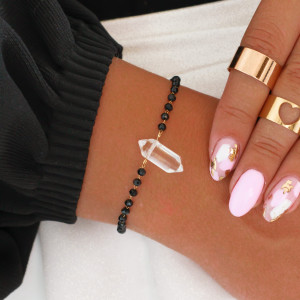 BRANSOLETKA ZE STALI SZLACHETNEJ KRYSZTAŁ GÓRSKI CZARNE KRYSZTAŁKI