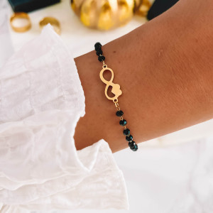 BRANSOLETKA POZŁACANA STAL NIESKOŃCZONOŚĆ SERCE CZARNE KORALIKI