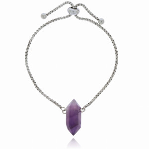 BRANSOLETKA STAL CHIRURGICZNEJ KOLOR SREBRNY KAMIEŃ AMETYST