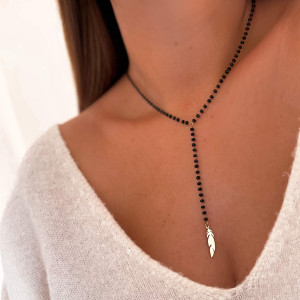 NASZYJNIK STAL CHIRURGICZNA POZŁACANA CZARNE KORALIKI PIÓRKO BODY CHAIN