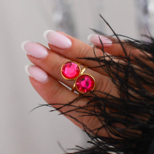 ZŁOTY PIERŚCIONEK ZE STALI CHIRURGICZNEJ DWA OCZKA RÓŻOWY