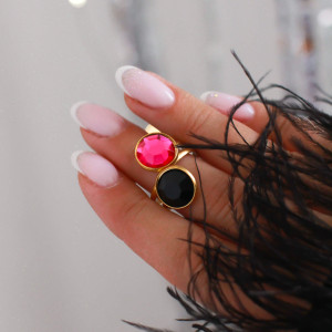 ZŁOTY PIERŚCIONEK ZE STALI CHIRURGICZNEJ DWA OCZKA RÓŻOWO CZARNY