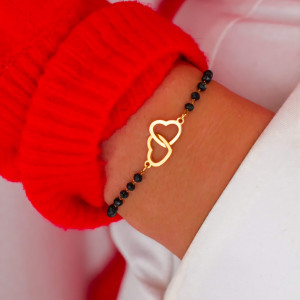 BRANSOLETKA POZŁACANA STAL DWA SERDUSZKA CZARNE KORALIKI