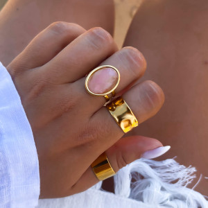 ZŁOTA OBRĄCZKA SYGNET ZE STALI CHIRURGICZNEJ KWARC RÓŻOWY FASETOWANY