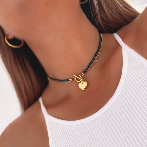 NASZYJNIK CHOKER CZARNE KORALIKI SERDUSZKO STAL CHIRURGICZNA