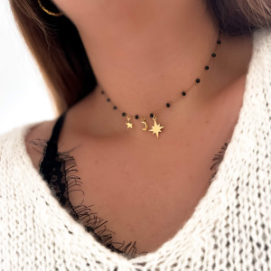 NASZYJNIK BOHO CZARNE KORALIKI GWIAZDKA KSIĘŻYC GALAXY STAL CHIRURGICZNA