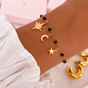 BRANSOLETKA BOHO CZARNE KORALIKI GWIAZDKA KSIĘŻYC GALAXY STAL CHIRURGICZNA