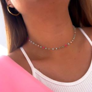 CHOKER ZE STALI CHIRURGICZNEJ NIEBIESKIE RÓŻOWE KORALIKI KRÓTKI NASZYJNIK