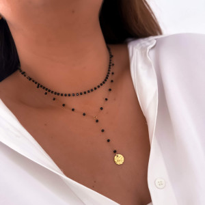 PODWÓJNY NASZYJNIK CZARNE KORALIKI BODY CHAIN Z BLASZKĄ ZE STALI CHIRURGICZNEJ