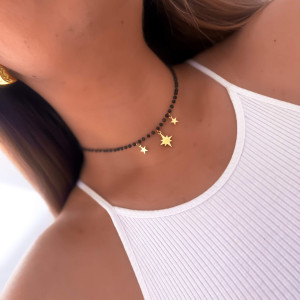 NASZYJNIK BOHO CZARNE KORALIKI CHOKER Z GWIAZDKAMI ZE STALI CHIRURGICZNEJ
