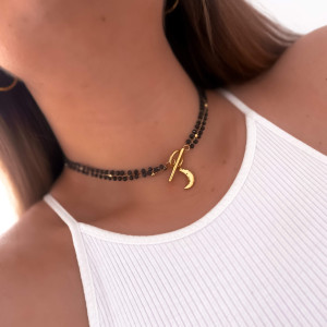 NASZYJNIK CHOKER TOGGLE KORALIKI Z MŁOTKOWANYM KSIĘŻYCEM ZE STALI CHIRURGICZNEJ