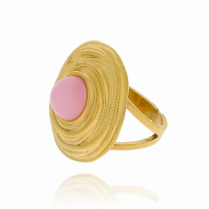 ZŁOTA OBRĄCZKA SYGNET VINTAGE ZE STALI CHIRURGICZNEJ KWARC RÓŻOWY