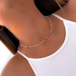 CHOKER ZE STALI CHIRURGICZNEJ RÓŻOWE NIEBIESKIE KORALIKI KRÓTKI NASZYJNIK