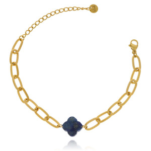 BRANSOLETKA ZE STALI ZLOTY ŁAŃCUCH KWIATEK KAMIEŃ NATURALNY LAPIS LAZULI