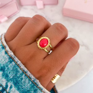 ZŁOTY PIERŚCIONEK OBRĄCZKA VINTAGE ZE STALI CHIRURGICZNEJ KAMIEŃ AGAT RÓŻOWY