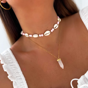 NASZYJNIK CHOKER MUSZELKI NA SZNURKU RÓŻOWE KORALIKI BOHO