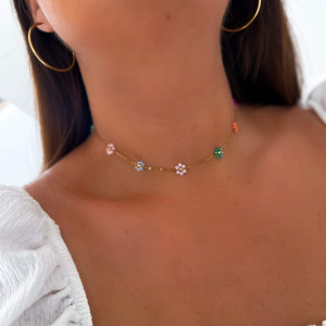 NASZYJNIK KOLOROWE KORALIKI KWIATY CHOKER ZE STALI CHIRURGICZNEJ