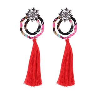 KOLCZYKI WISZĄCE KRYSZTAŁKI CZERWONE FRĘDZLE KOŁA BOHO