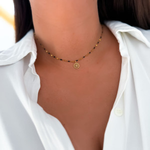 CHOKER ZE STALI CHIRURGICZNEJ KORALIKI CZARNY Z MINI ROZETKĄ
