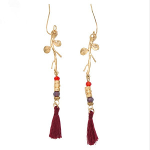 KOLCZYKI BORDOWE FRĘDZLE KORALIKI ZŁOTE BOHO