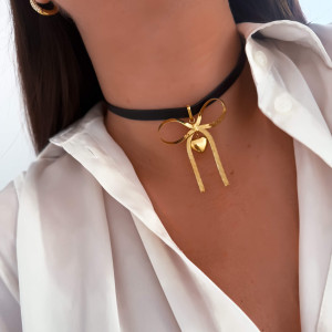 NASZYJNIK CHOKER EKO SKÓRA ZE ZŁOTĄ KOKARDKĄ POZŁACANA STAL CHIRURGICZNA