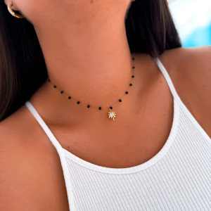 NASZYJNIK CHOKER CZARNE KORALIKI Z PALMĄ WYSADZANĄ KRYSZTAŁKAMI STAL CHIRURGICZNA