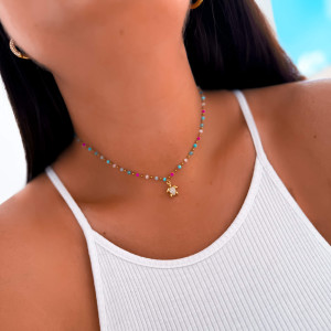 LETNI NASZYJNIK KOLOROWE KORALIKI CHOKER Z ŻÓŁWIKIEM STAL CHIRURGICZNA